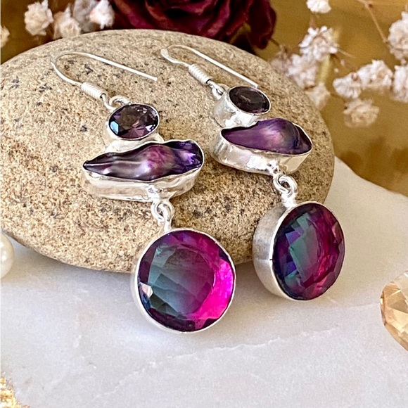 Bicolor Tourmaline, Biwa Pearl And Amethyst Earrings - Picture 4 of 9